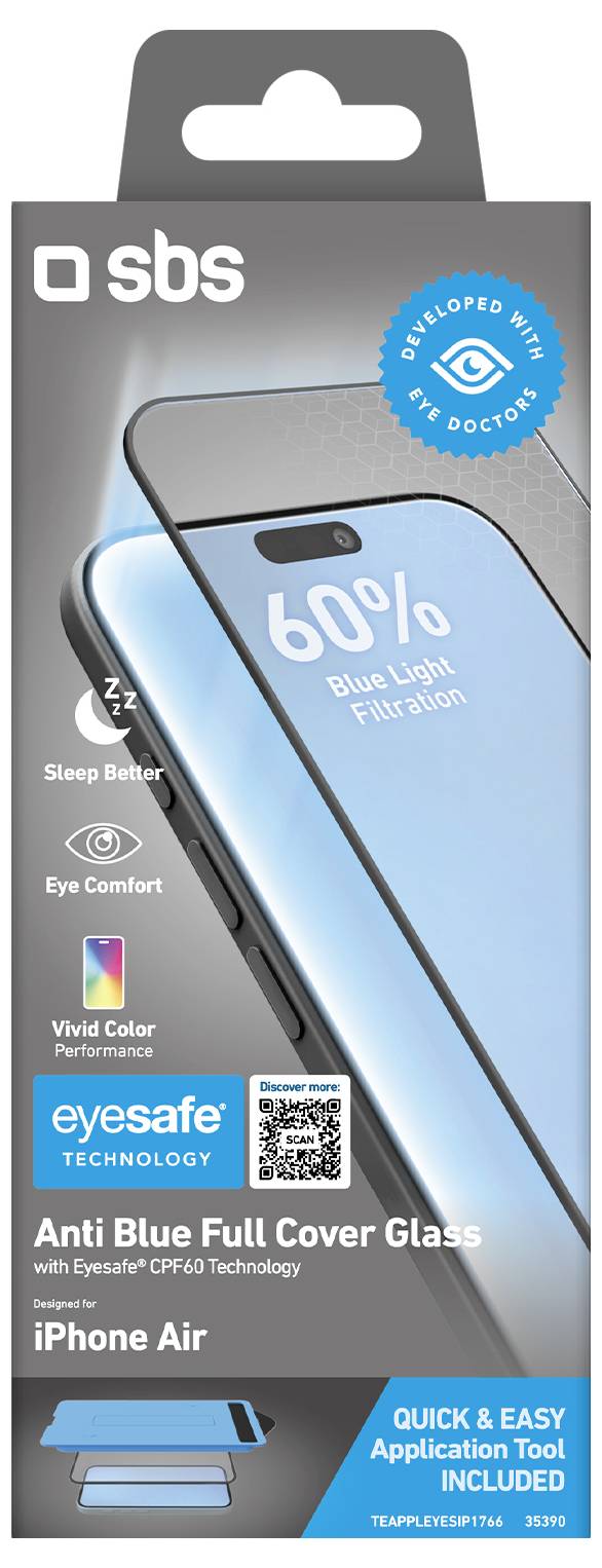 Packaging for SBS Eyesafe anti blue light cover glass for iPhone Air, showing a phone screen with 60% blue light filtration, sleep better and eye comfort icons, and quick application tool included.