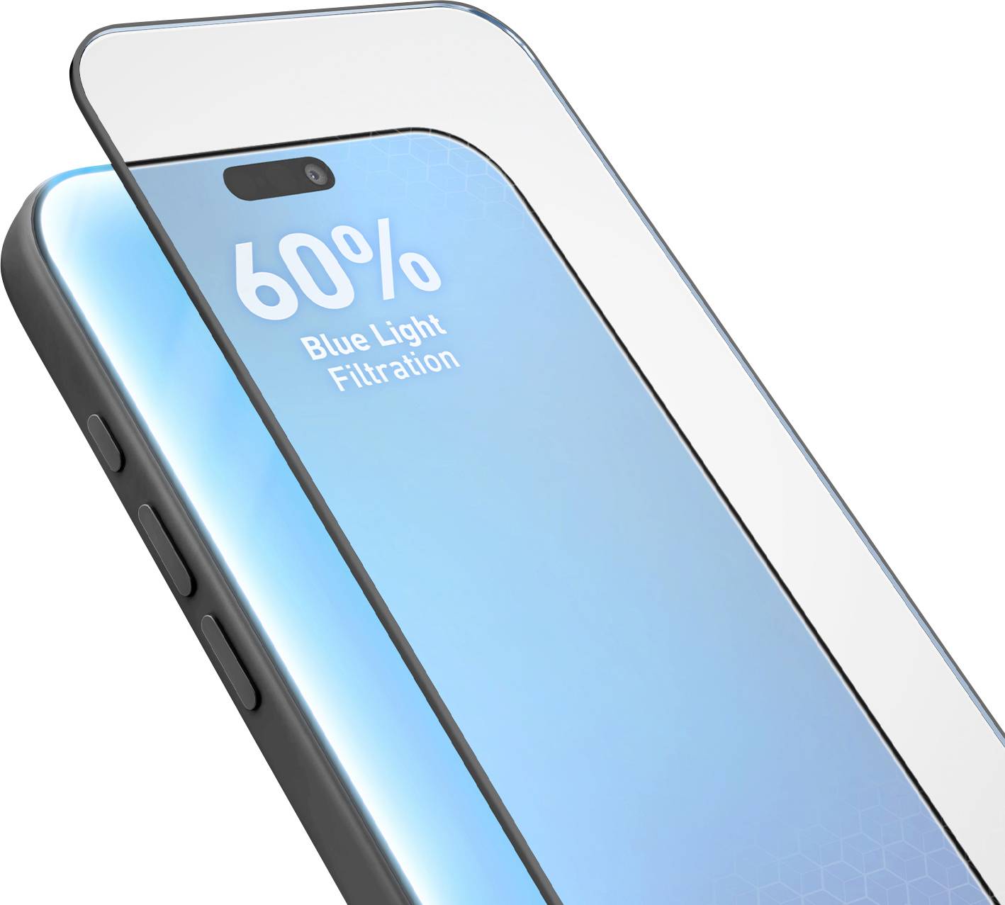 Smartphone screen protector labeled '60% Blue Light Filtration' shown on a phone with blue glow<br>