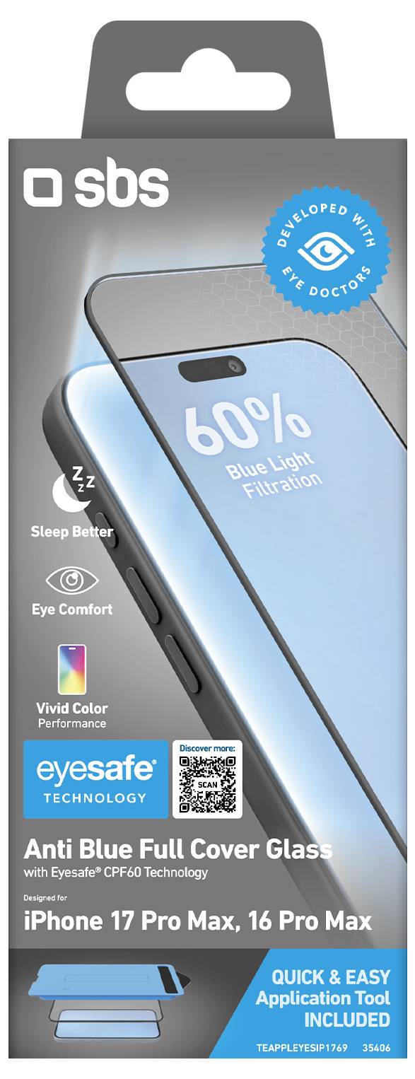 Product packaging for SBS Eyesafe Anti Blue Full Cover Glass screen protector for iPhone 17 Pro Max and 16 Pro Max, showing 60% blue light filtration and easy application tool included.