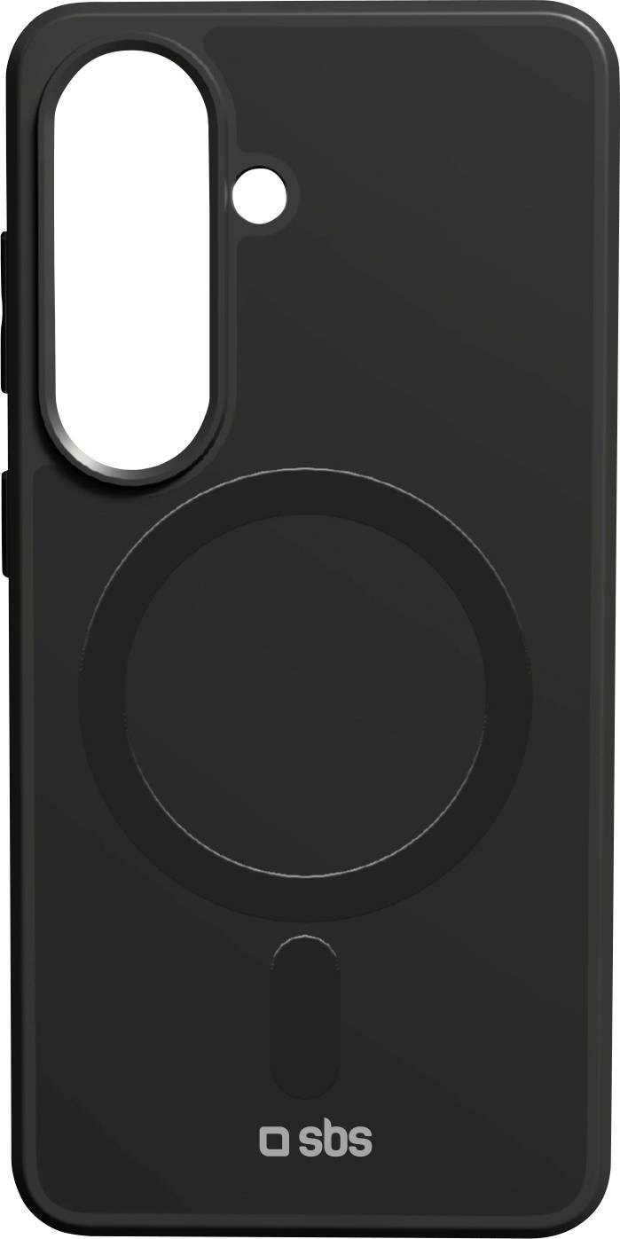 Black smartphone case with vertical camera cutout, circular MagSafe-style ring, and 'sbs' logo at the bottom.