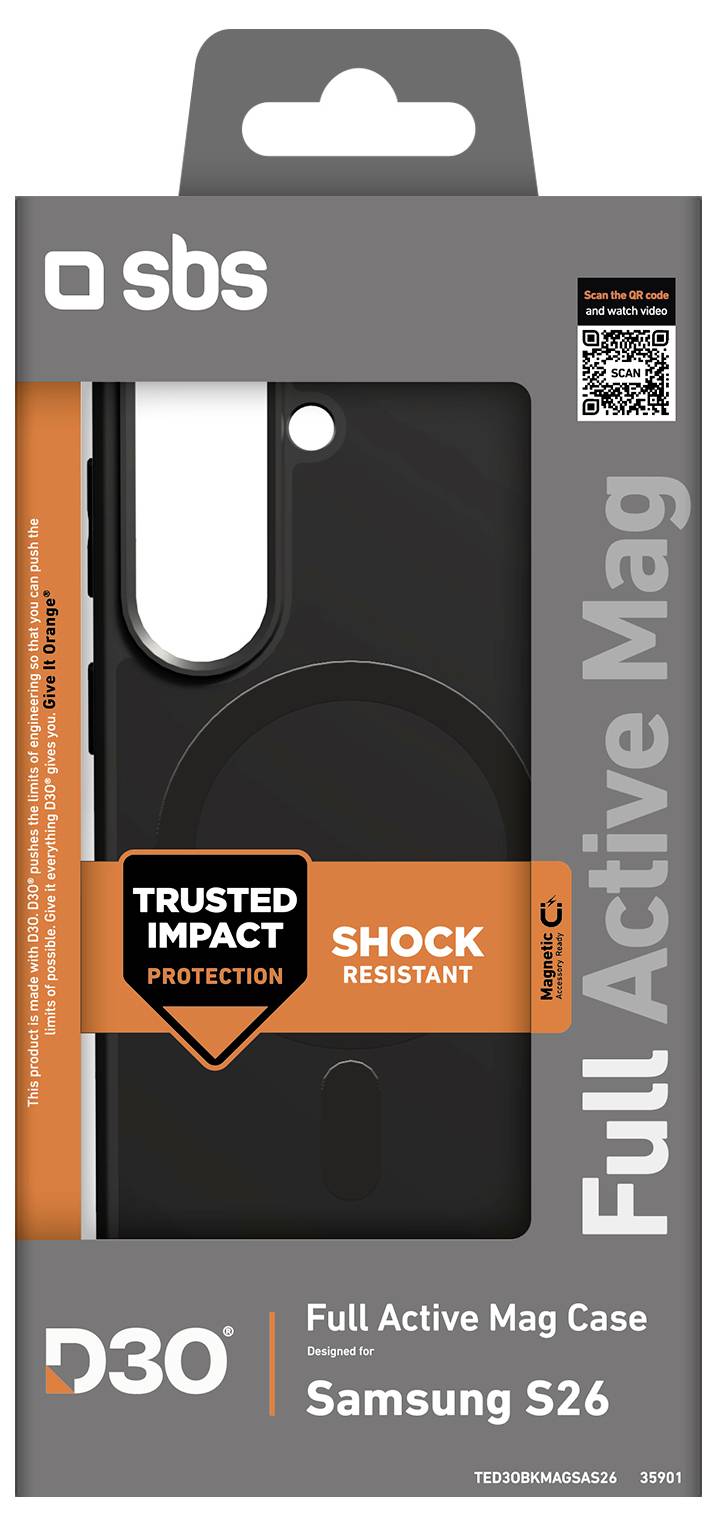 Packaging for an SBS Full Active Mag Case for Samsung S26, labeled 'Trusted Impact Protection' and 'Shock Resistant' with D30 branding.<br>