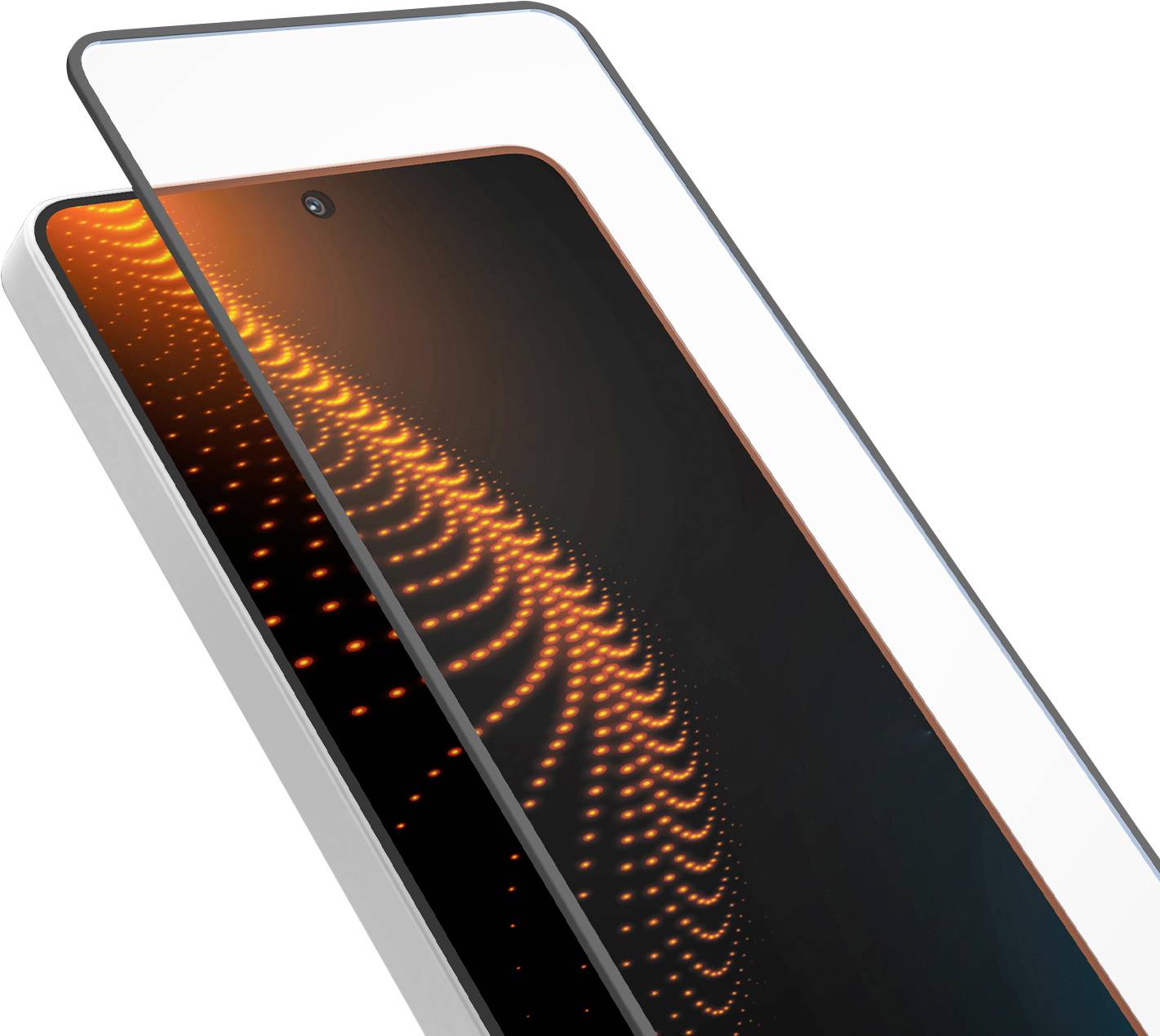 Stylized smartphone with a glowing orange abstract wave on the screen, shown at an angle on a white background.