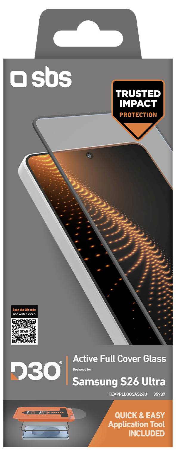 SBS tempered glass screen protector for Samsung S26 Ultra, labeled 'Trusted Impact Protection,' 'Active Full Cover Glass,' and 'Quick & Easy Application Tool Included'.