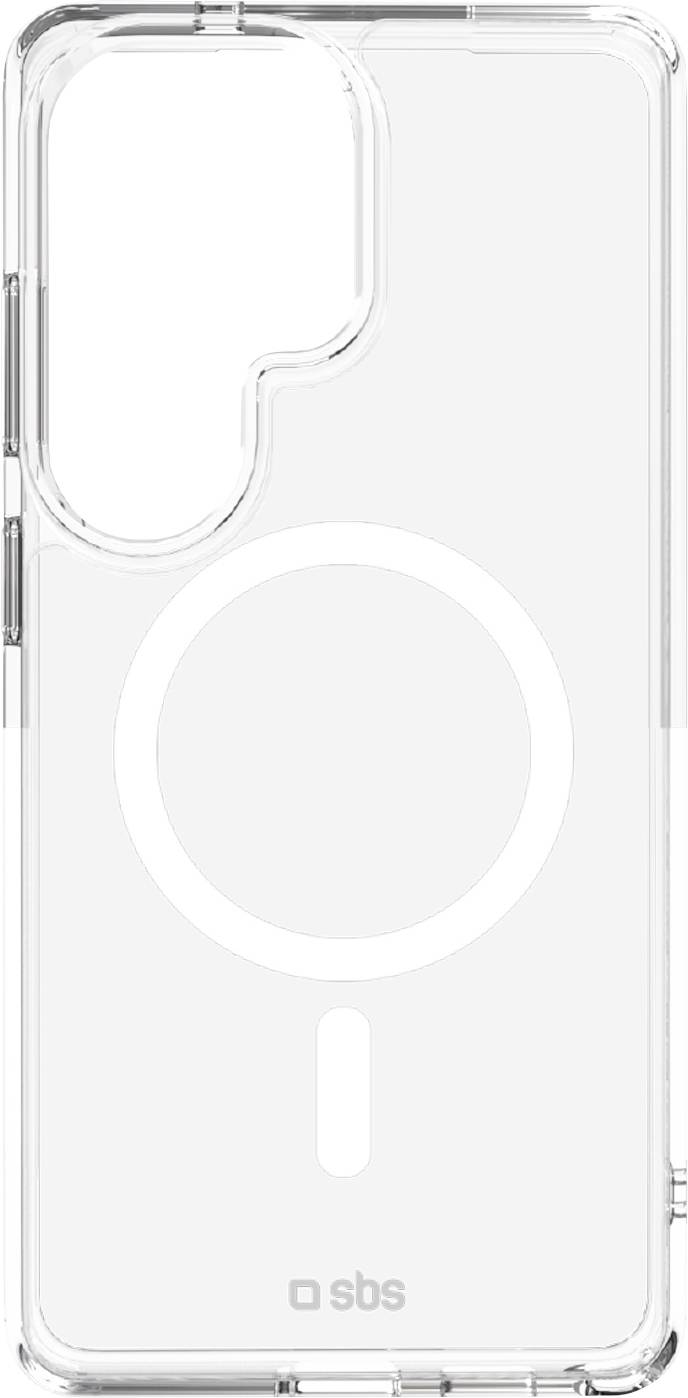 Clear phone case with MagSafe-style circular charging ring and bottom alignment mark, shown from the back.