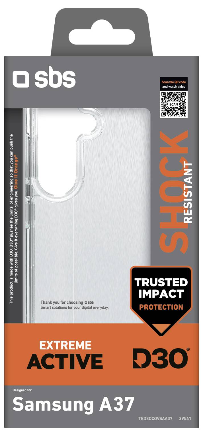 Packaging for an SBS SHOCK Resistant phone case for Samsung A37, labeled Trusted Impact Protection, Extreme Active, and D30.