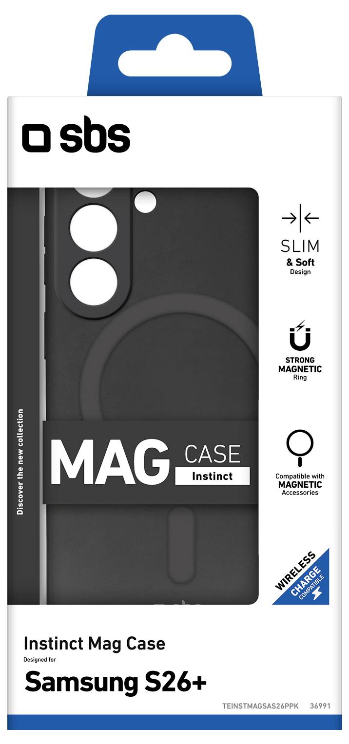 SBS Instinct Mag Case packaging for Samsung S26+, showing a black slim, soft silicone magnetic phone case with magnetic ring and wireless charging compatibility.