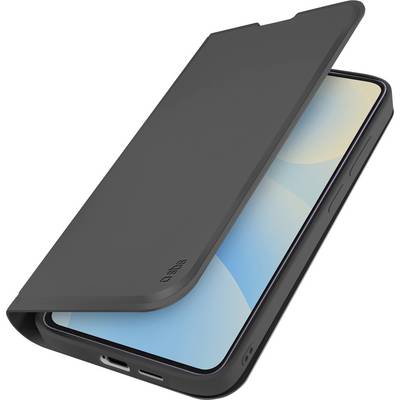Black flip cover phone case partially open over a smartphone, showing the screen and charging port.