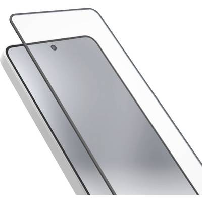 Close-up of a smartphone screen protector aligned over a phone display, showing a camera cutout near the top.