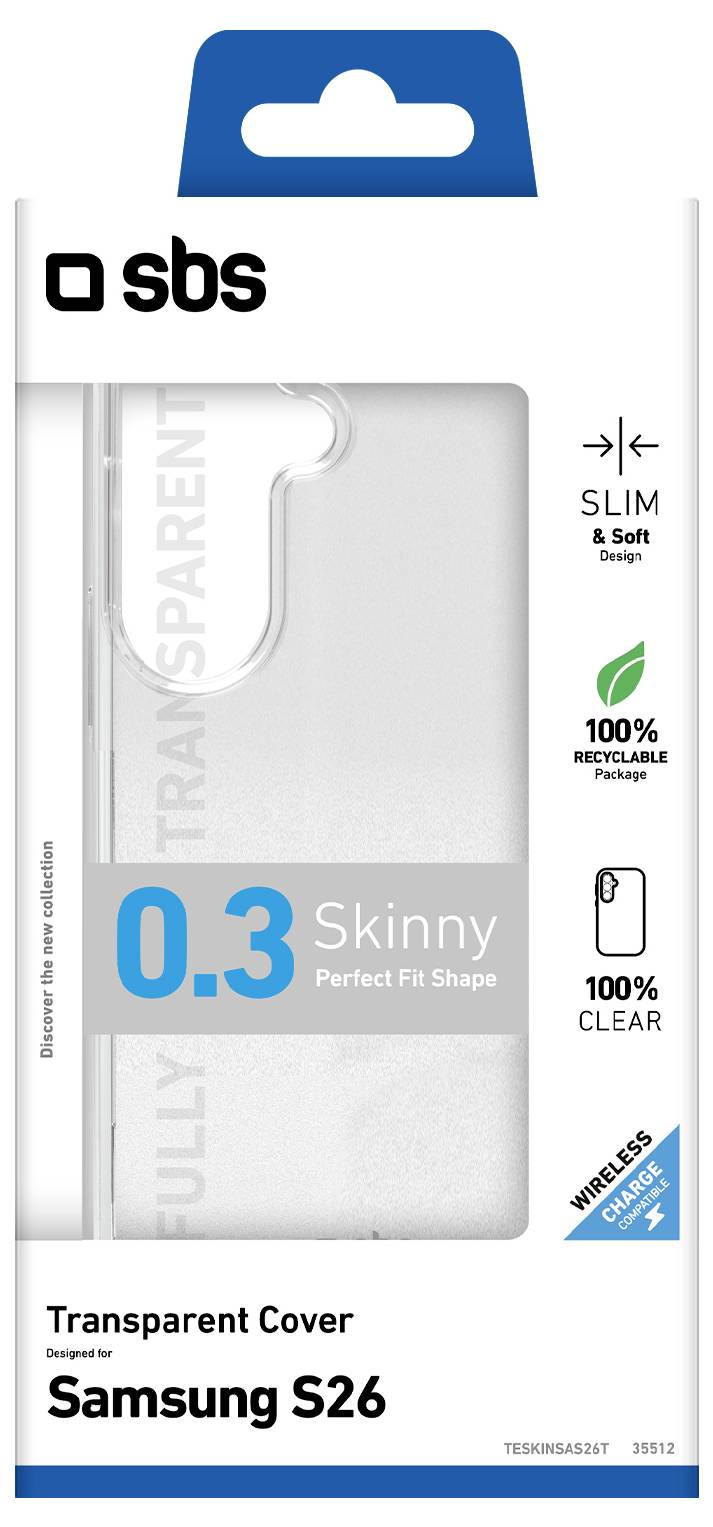 Package for a transparent Samsung S26 phone case, labeled 0.3 Skinny, Slim & Soft Design, 100% recyclable, 100% clear, wireless charging compatible.