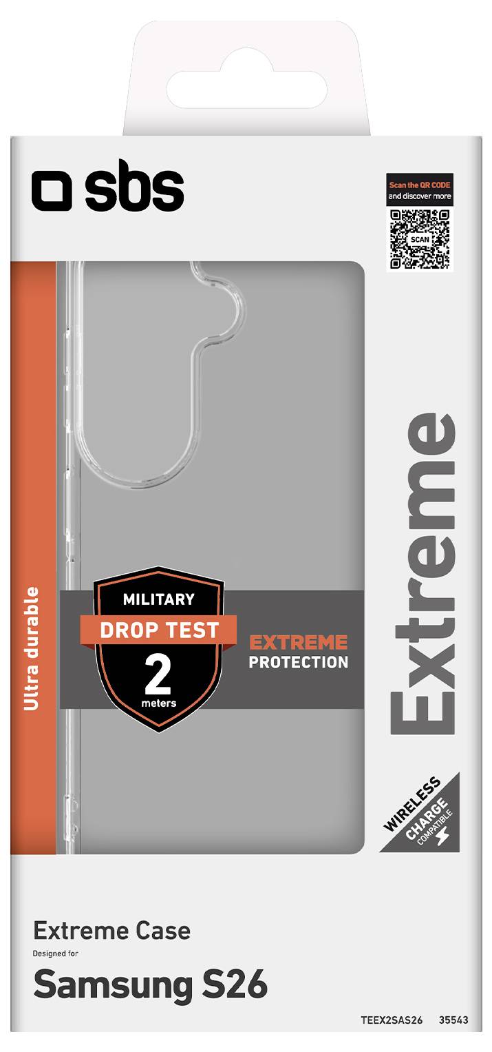 Packaging for an SBS Extreme Case for Samsung S26, labeled 'Military Drop Test 2 meters' and 'Extreme Protection' with wireless charging support.