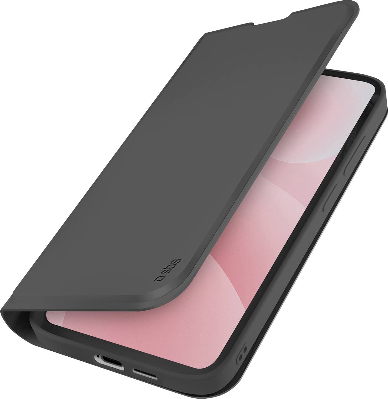 Black flip phone case partially covering a smartphone, showing the screen and charging port.<br>