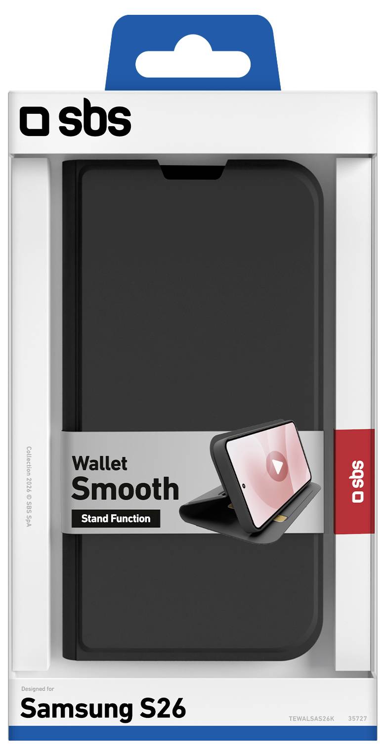 SBS wallet-style phone case packaging for Samsung S26, labeled 'Wallet Smooth' with stand function.