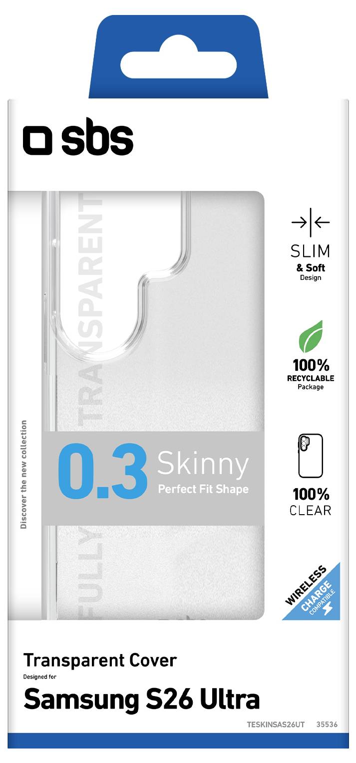 Package of an SBS transparent smartphone case for Samsung S26 Ultra, labeled 0.3 Skinny, slim and soft, 100% recyclable package, 100% clear, wireless charge compatible.
