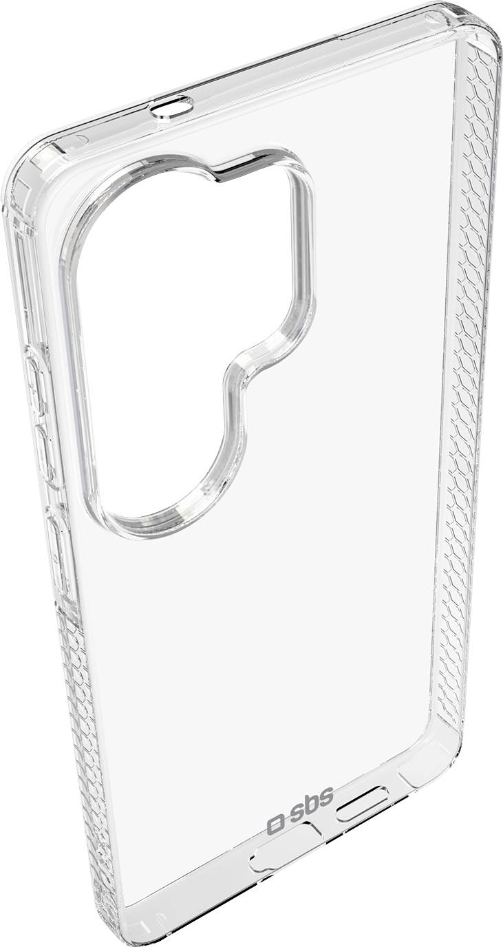 Clear smartphone case with a large rear camera cutout and textured side grips, shown on a plain white background.