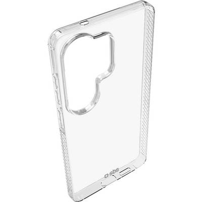 Clear smartphone case with a large rear camera cutout and textured side grips, shown on a plain white background.