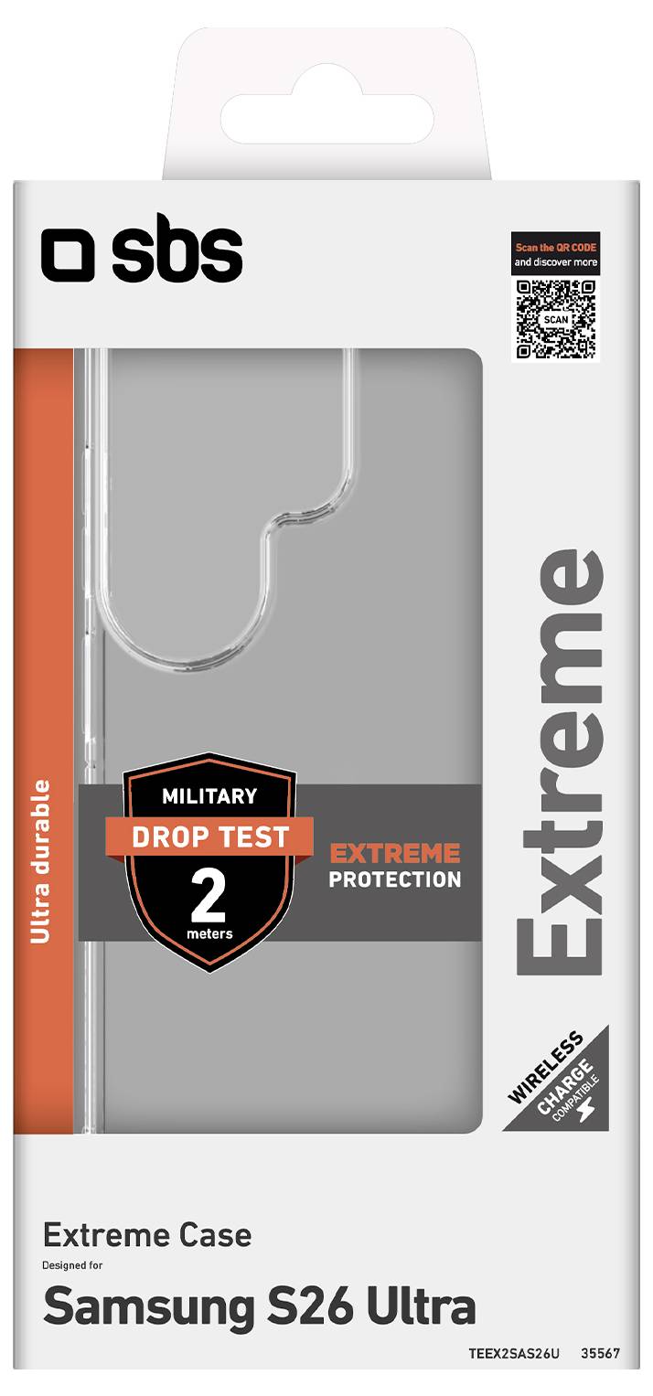 Packaging for an SBS Extreme phone case for Samsung S26 Ultra, labeled drop test 2 meters, military-grade protection, ultra durable, and wireless charge compatible.