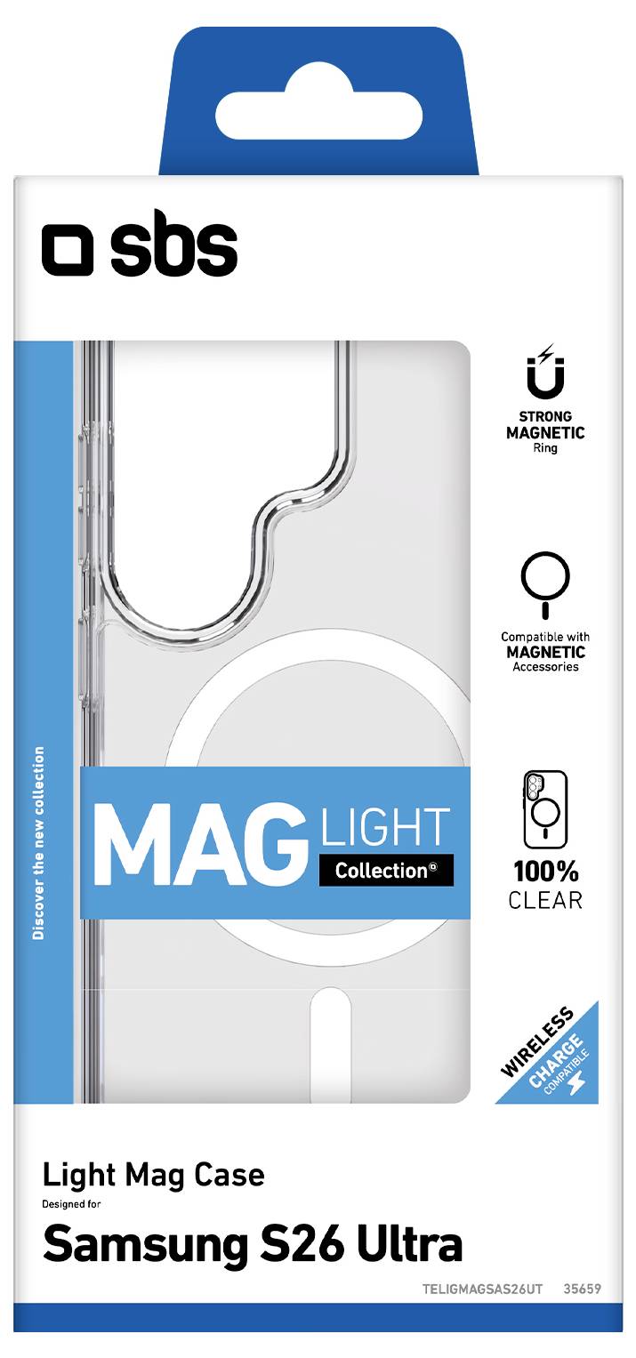 SBS Light Mag Case packaging for Samsung S26 Ultra, showing a clear 'MAG LIGHT Collection' case with magnetic ring, wireless charging, and strong magnetic ring icons.