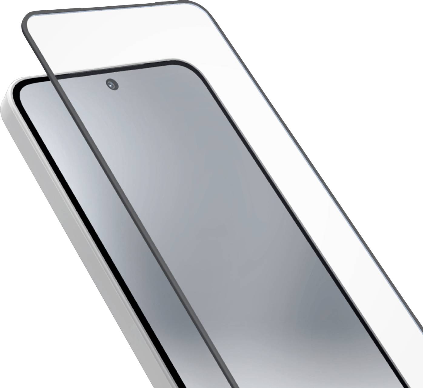 Close-up of a smartphone with a transparent screen protector being applied or aligned over the display.