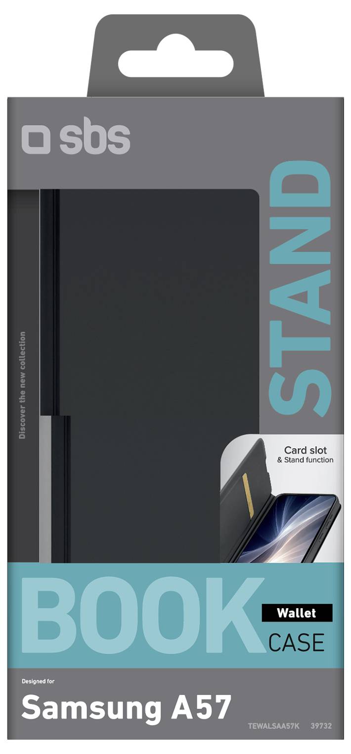 SBS book case packaging for Samsung A57, labeled 'STAND', 'Wallet', and 'Card slot'.