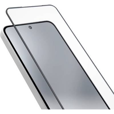 Transparent screen protector aligned over a smartphone display, showing a front-facing camera cutout near the top.<br>