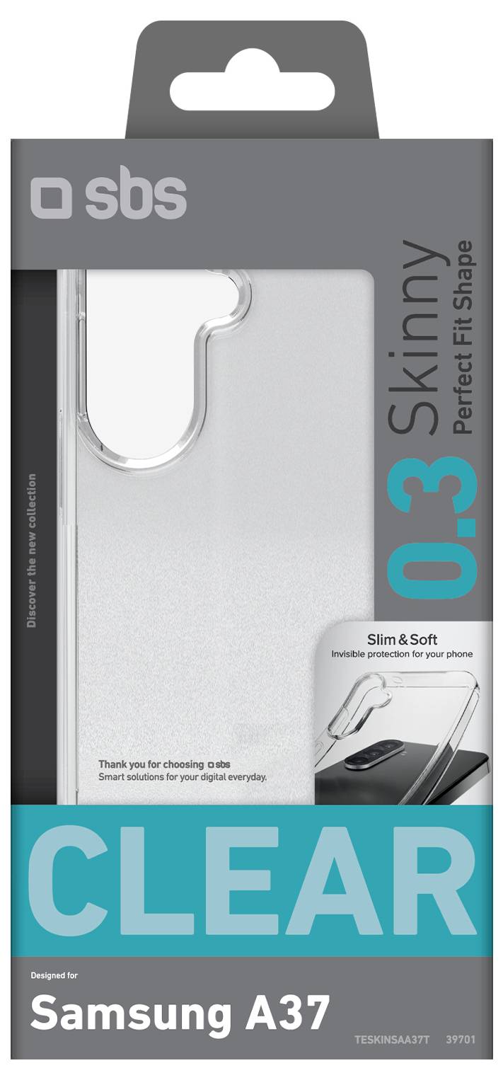 Packaging for an SBS clear slim and soft phone case for Samsung A37, with a visible cutout and 'CLEAR' branding.