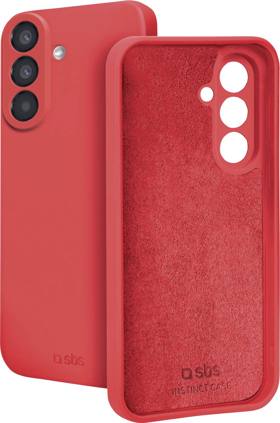 Red smartphone protective case shown front and back, with cutouts for triple rear cameras and flash; 'sbs' branding visible.