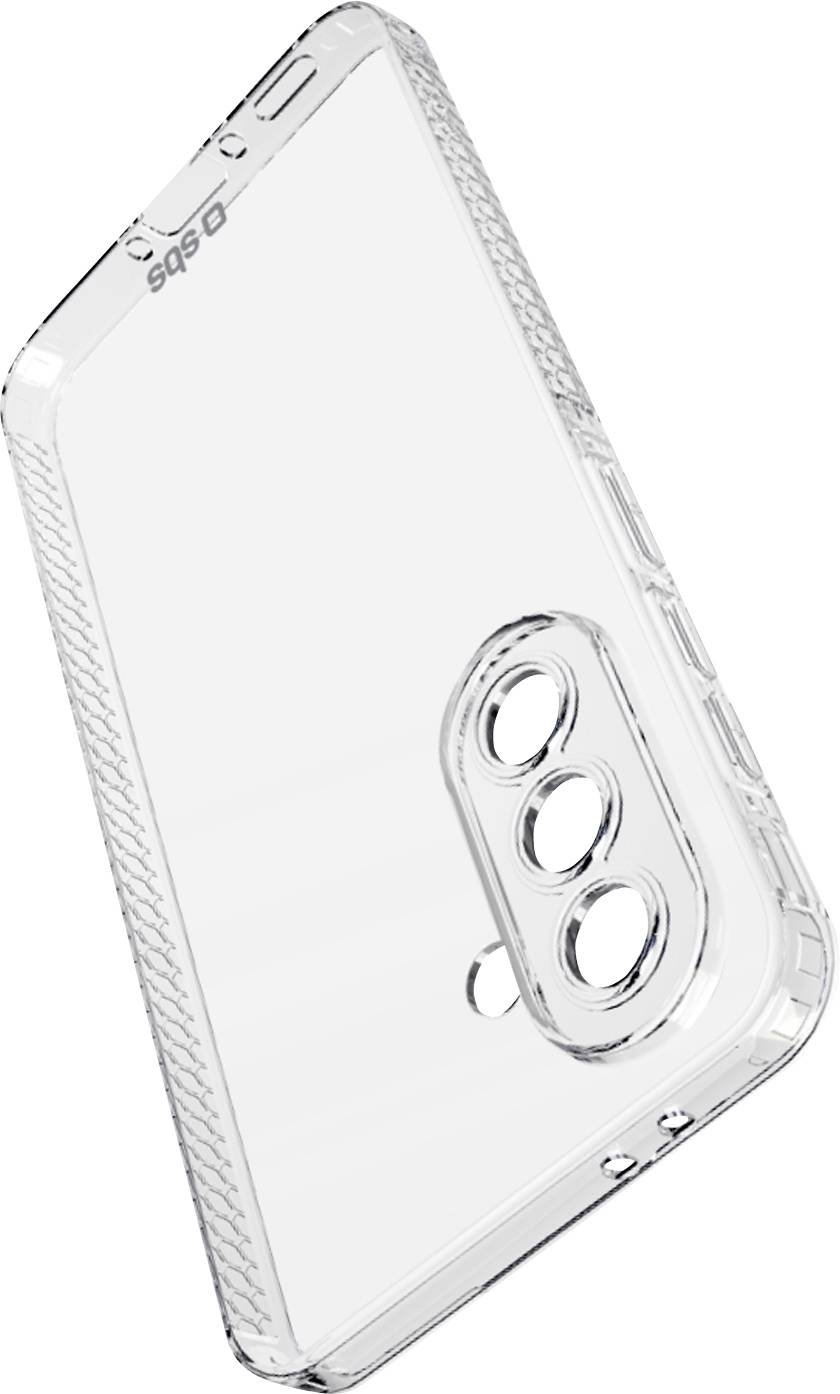 Transparent clear smartphone case shown at an angle, with triple rear camera cutout and protective raised edges.