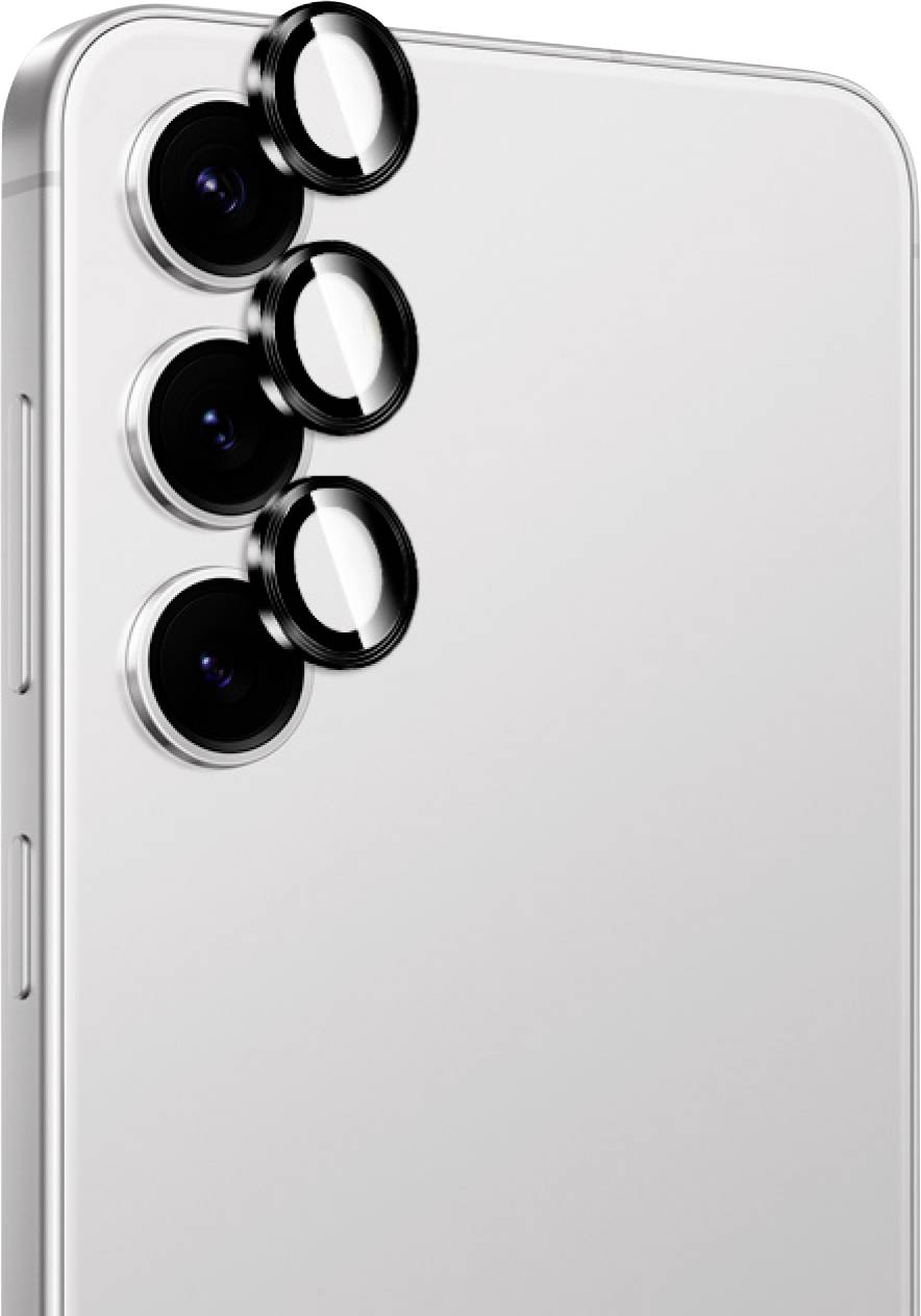 Close-up of a white smartphone back showing three vertically aligned rear cameras with circular lens rings.