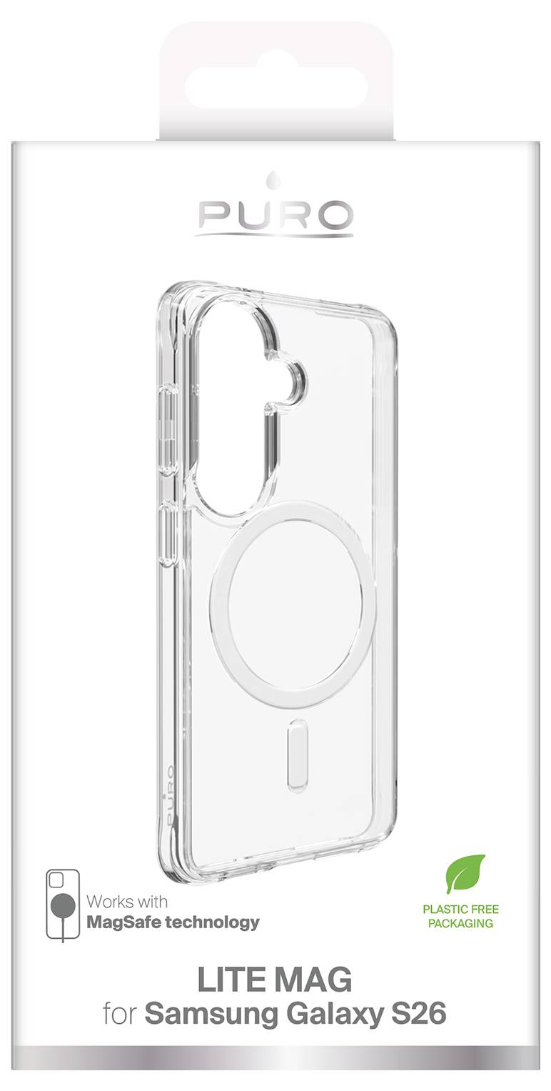 PURO Lite Mag clear phone case for Samsung Galaxy S26, compatible with MagSafe, shown on product packaging with 'Plastic Free Packaging' label.