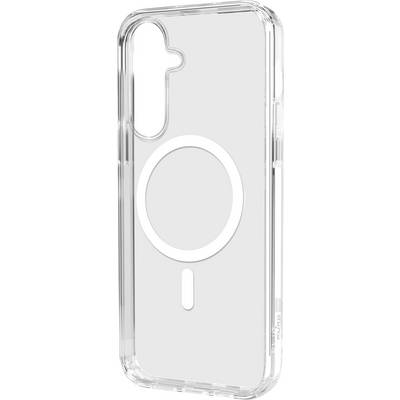 Clear phone case with a large white MagSafe ring and alignment mark, shown on a transparent smartphone cover.