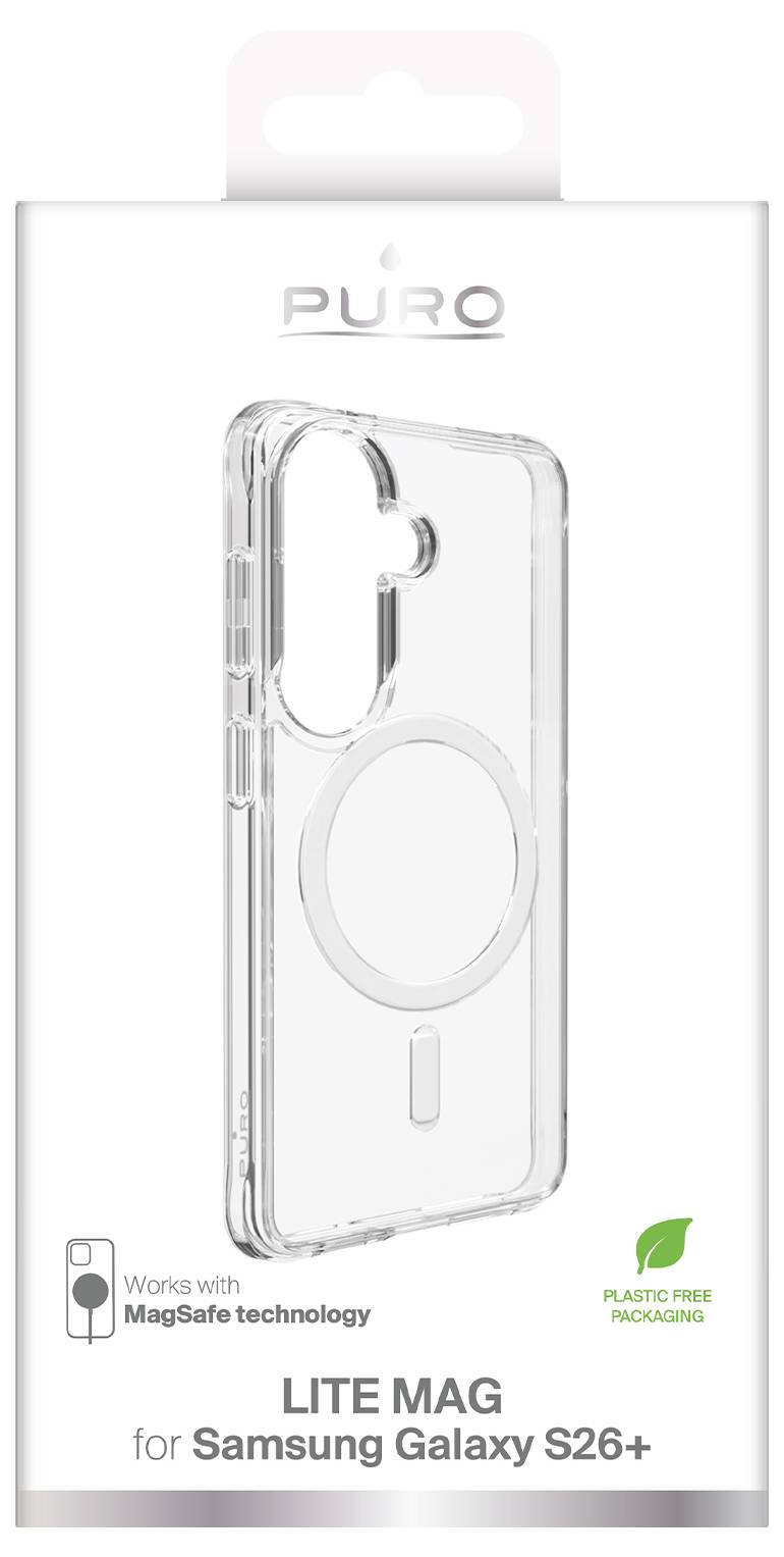 Packaging for PURO Lite Mag clear phone case for Samsung Galaxy S26+, labeled 'Works with MagSafe technology' and 'Plastic free packaging'.