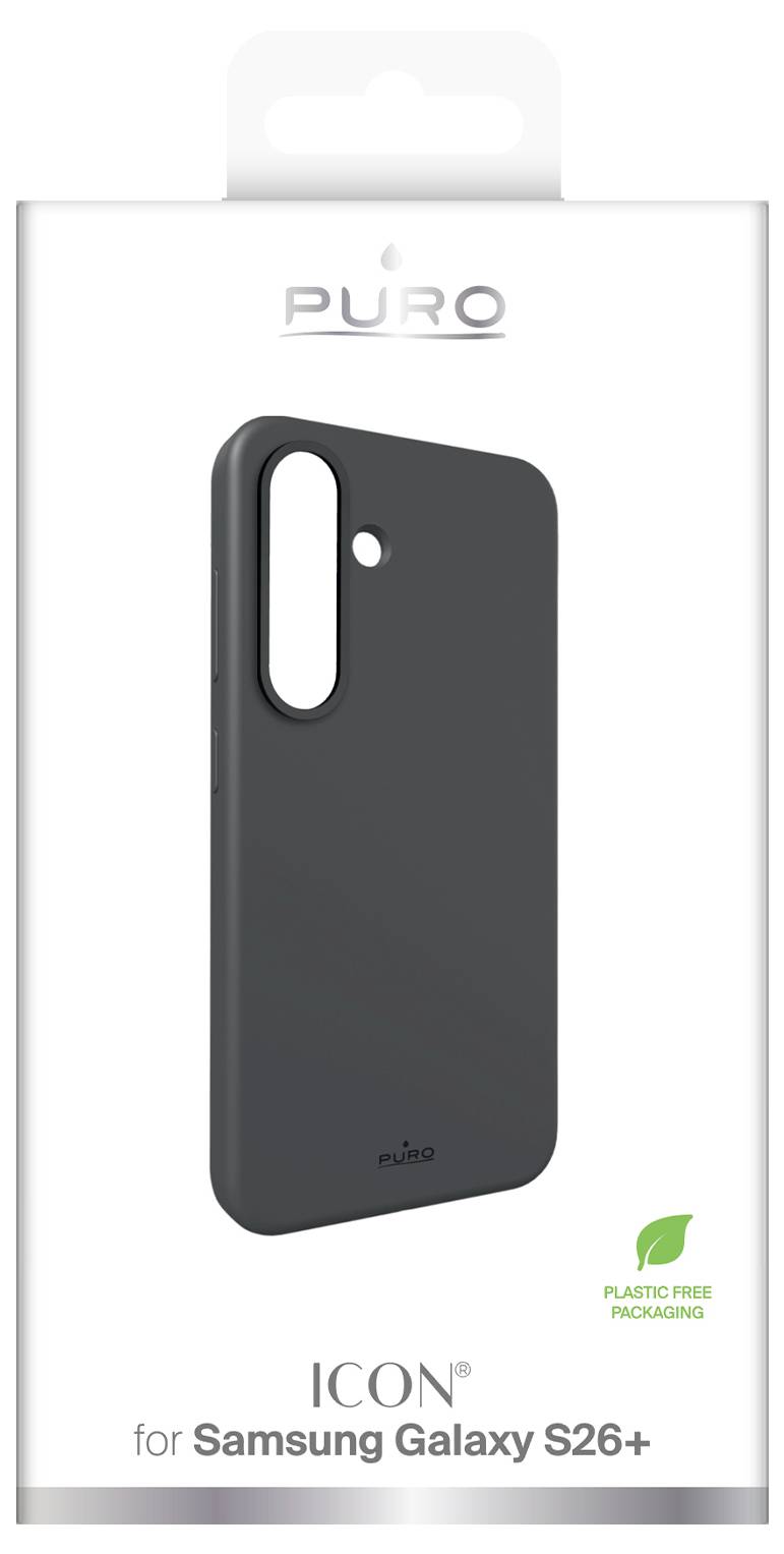 PURO ICON case for Samsung Galaxy S26+, shown on white packaging with a black phone case and 'Plastic Free Packaging' leaf icon.