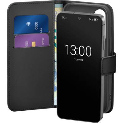 Black wallet-style phone case showing a smartphone with a stand and card slots holding two cards.