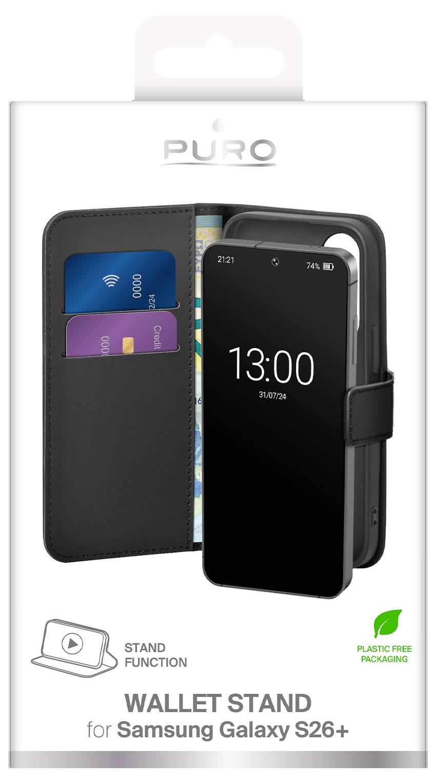 PURO wallet stand case for Samsung Galaxy S26+, with card slots, kickstand function, and plastic-free packaging.