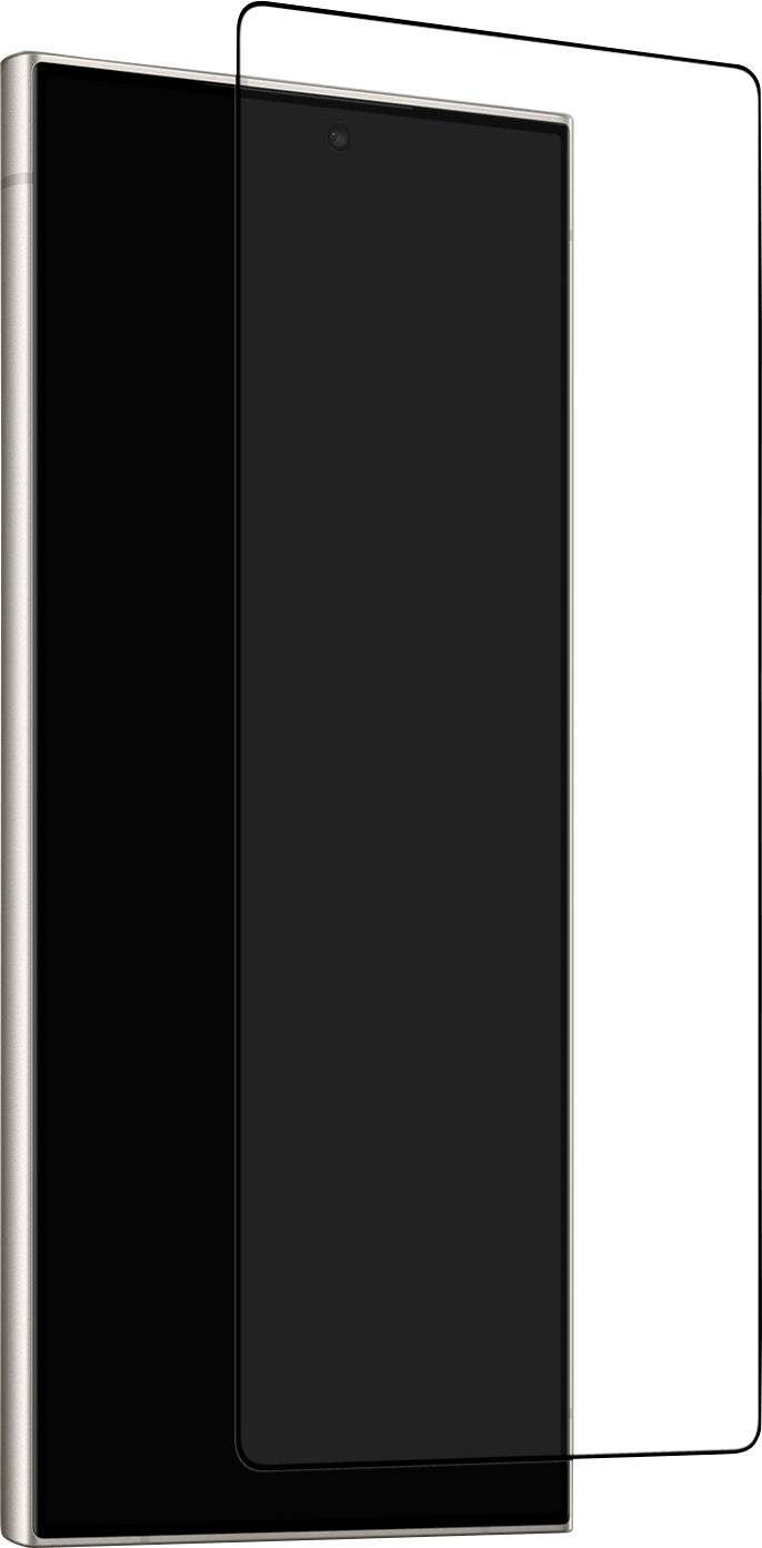 A black smartphone shown front-on with a transparent tempered-glass screen protector over it.