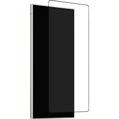 A black smartphone shown front-on with a transparent tempered-glass screen protector over it.
