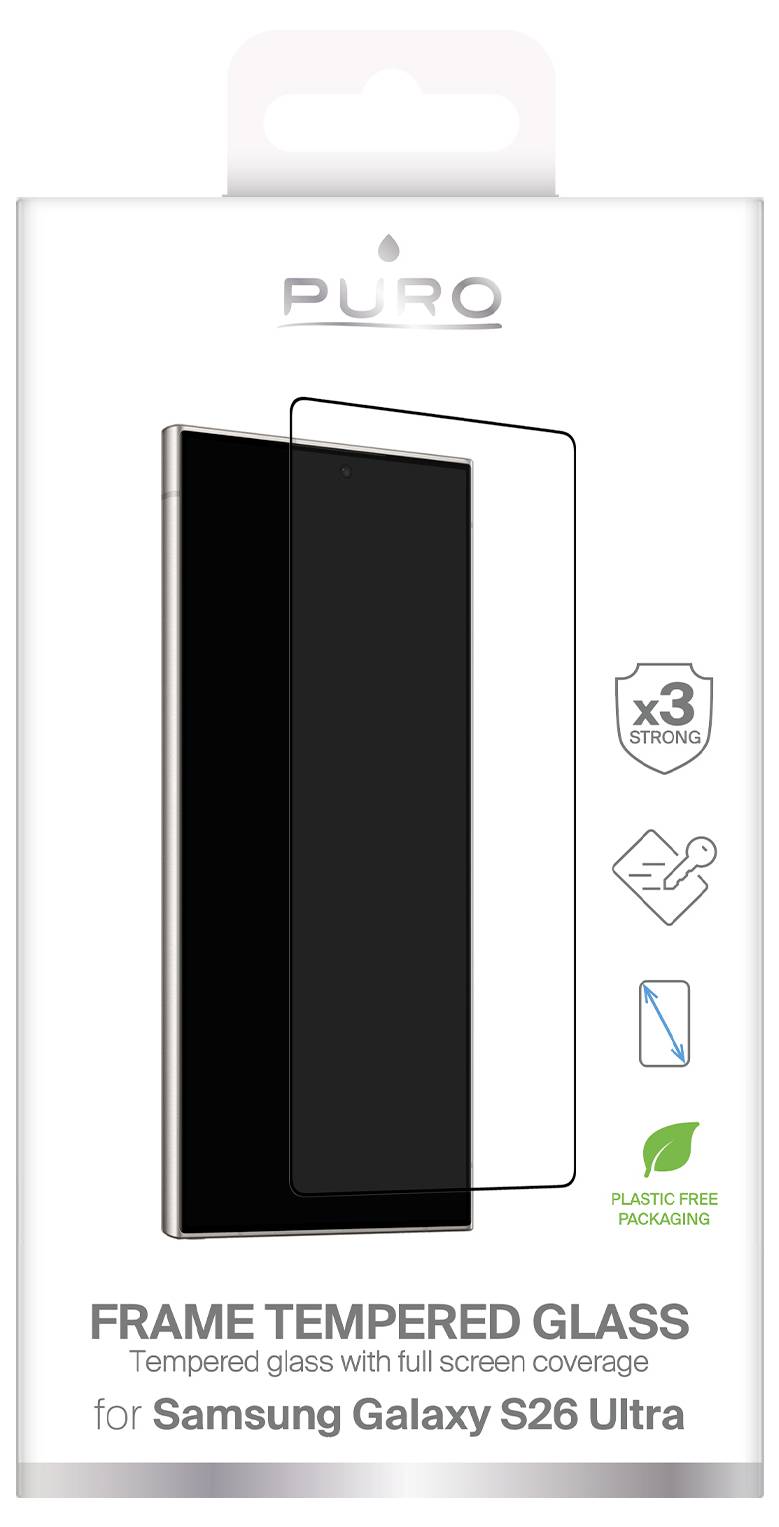 Packaging for PURO frame tempered glass screen protector for Samsung Galaxy S26 Ultra, with x3 strong, plastic-free packaging icons.<br>