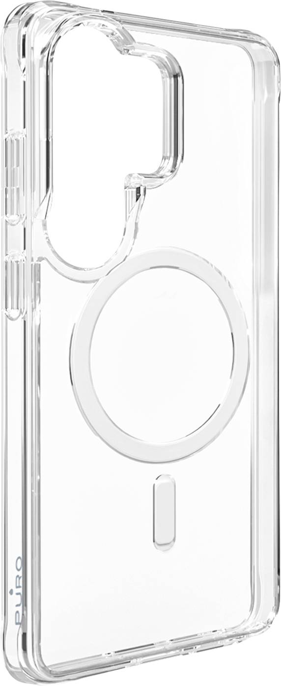 Transparent phone case with large circular MagSafe-style ring and raised camera cutout opening<br>