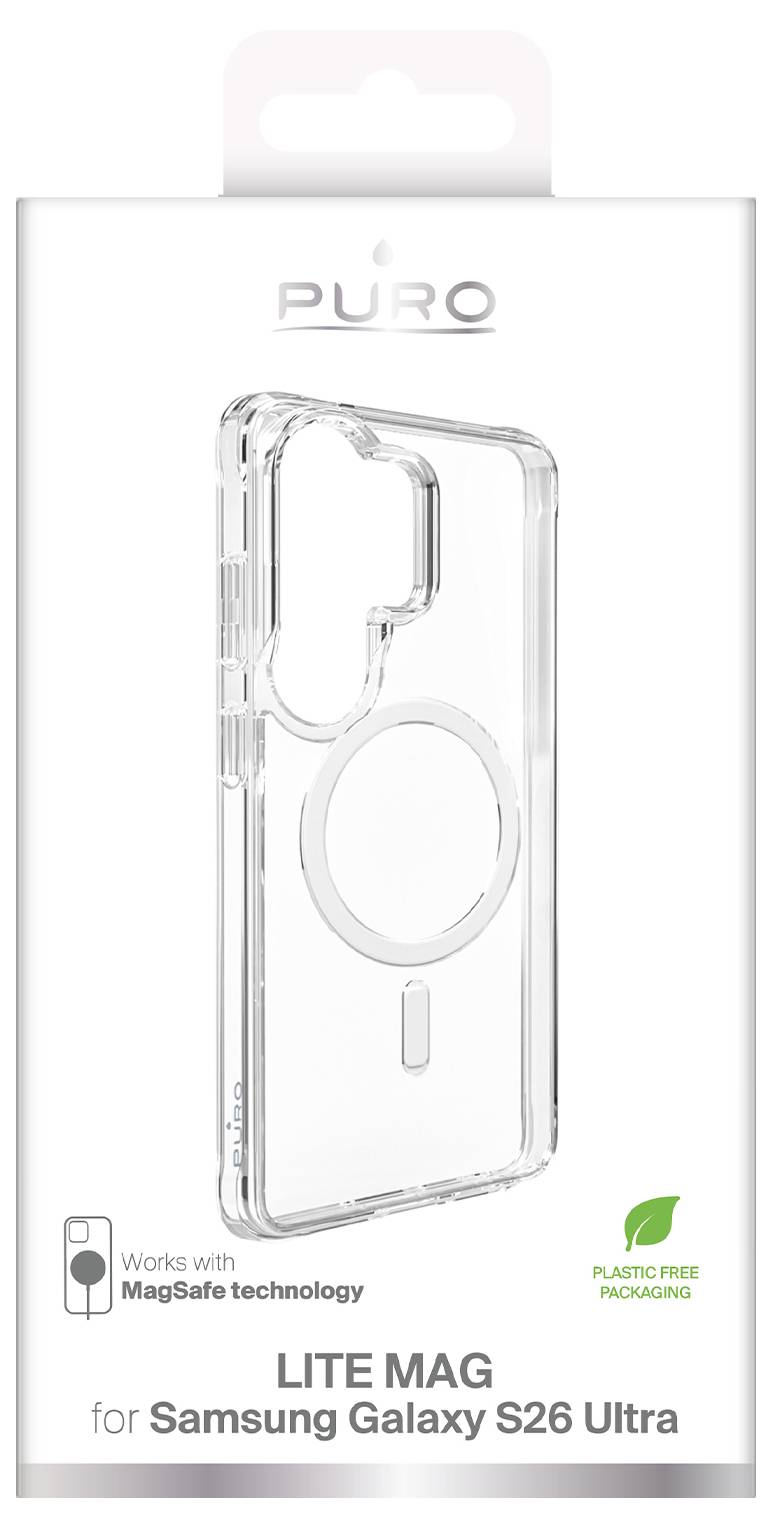 PURO Lite Mag clear phone case for Samsung Galaxy S26 Ultra, compatible with MagSafe technology and plastic-free packaging.<br>