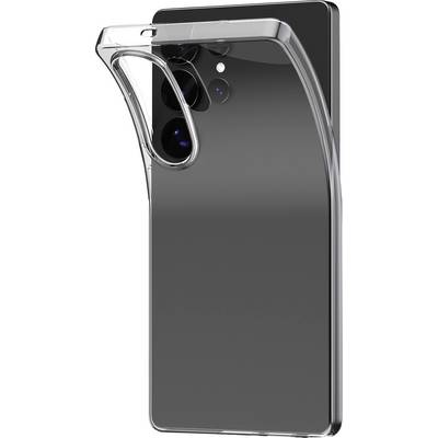 Clear protective phone case on a black smartphone, showing the raised camera cutout and slim transparent edges.