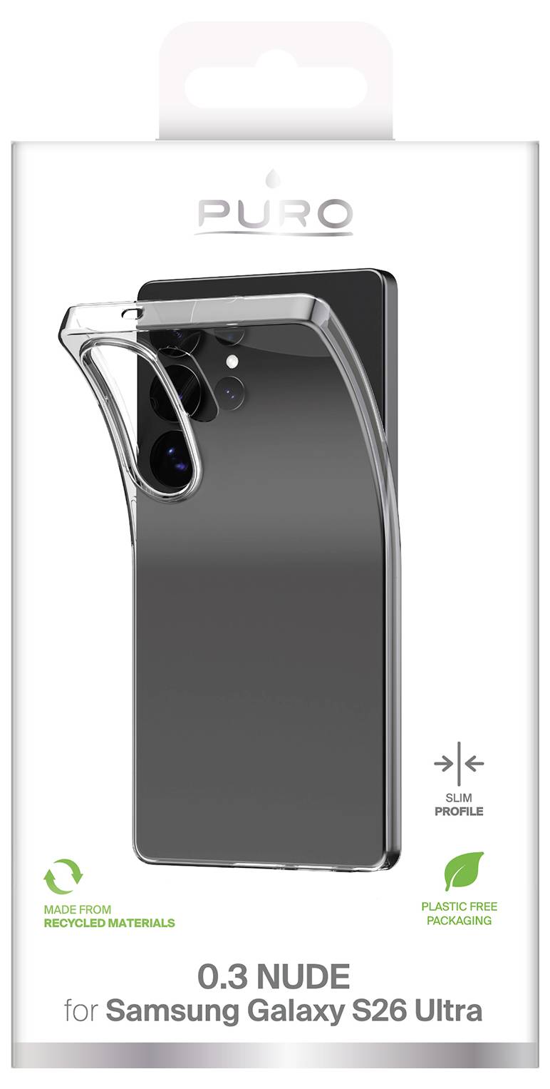 Packaging for PURO 0.3 Nude slim phone case for Samsung Galaxy S26 Ultra, shown on a clear case over a phone with recycled-material and plastic-free packaging icons.