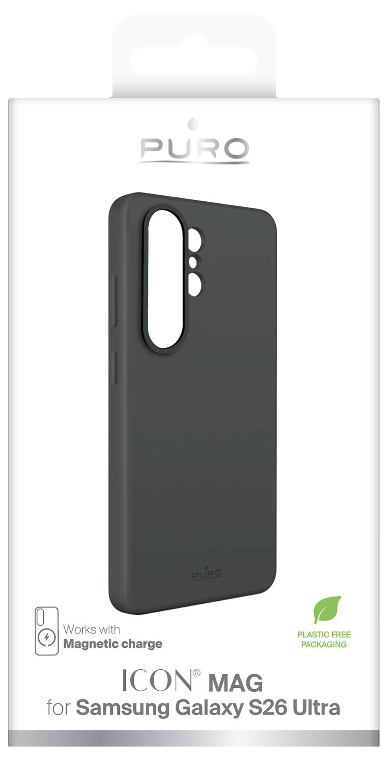 Packaging for PURO ICON MAG case for Samsung Galaxy S26 Ultra, showing a dark phone case and noting compatibility with magnetic charge and plastic-free packaging.