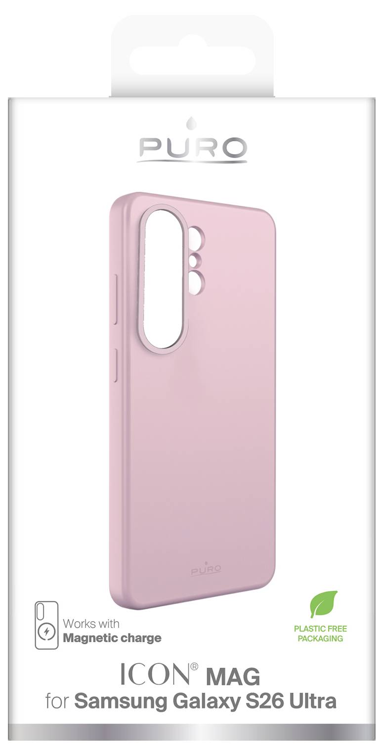 Product packaging for a Puro ICON Mag phone case in pink, shown as compatible with Samsung Galaxy S26 Ultra and MagSafe magnetic charging.