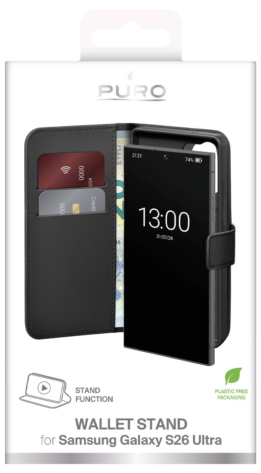 PURO wallet stand phone case for Samsung Galaxy S26 Ultra, shown open with card slots and stand function; plastic-free packaging<br>