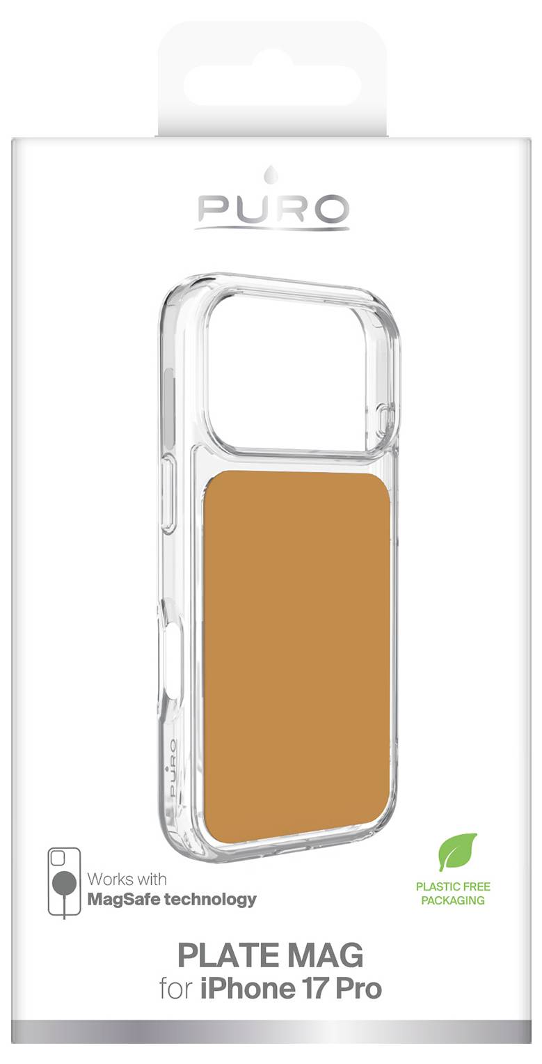 PURO clear MagSafe-compatible phone case with orange back insert, labeled 'Plate Mag for iPhone 17 Pro,' in plastic-free packaging.