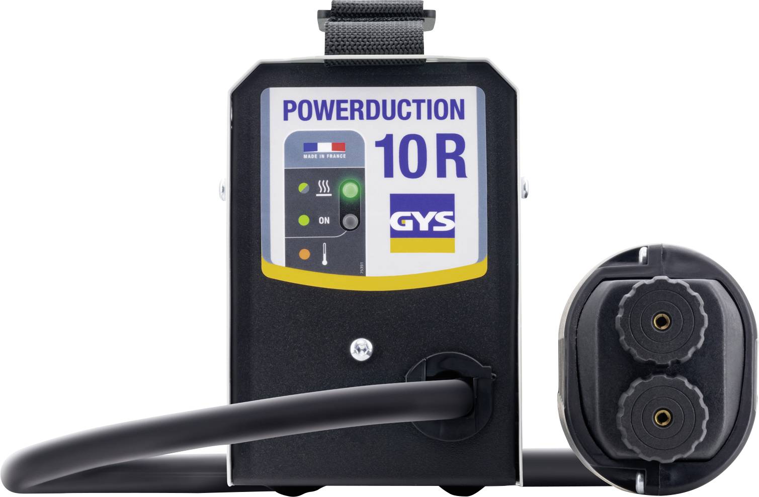 Black GYS Powerduction 10R induction heater with control panel, hose connected, and two-coil hand tool shown on a white background.