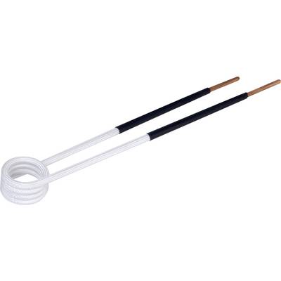 Two insulated black electrical wires with exposed copper ends, one coiled into a loop, shown on a white background.