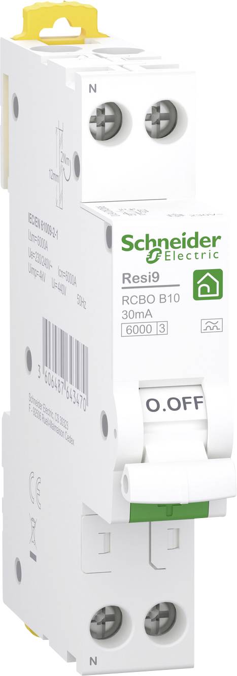 Schneider Electric Resi9 RCBO B10 circuit breaker with O.OFF switch and green logo, shown on a white product package.<br>