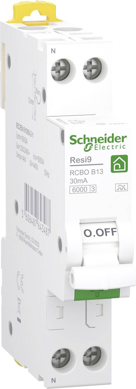Schneider Electric Resi9 RCBO circuit breaker, 30 mA, 13 A, with O.OFF switch and terminal connections.