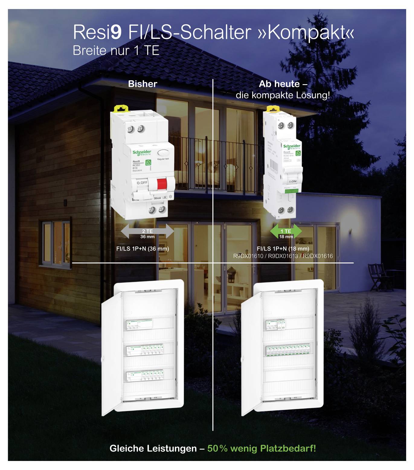 German ad comparing old and new compact FI/LS switches and distribution boxes: 'previous' versus 'from today' with '50% less space required.'<br>